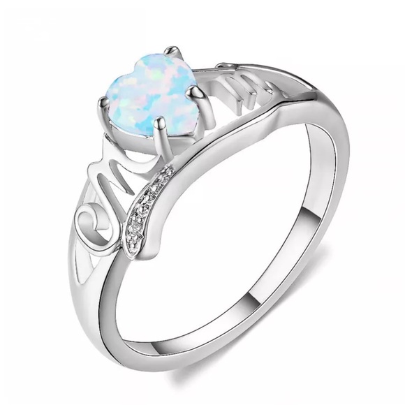 Women Fashion Silver Love Mom White/Blue Simulated Opal Ring Size7, 8 & 9 - Picture 2 of 6